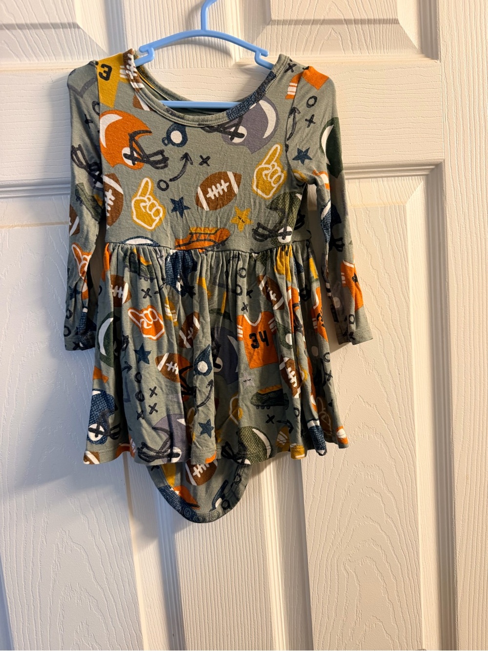 Little Sleepies Football Print Long Sleeve Dress in Olive, Orange, Yellow